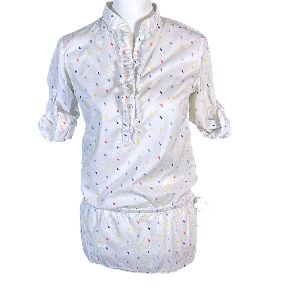 Lilly Pulitzer Tunic Women's 0 White Multicolored Fish Print Ruffle Henley Top
